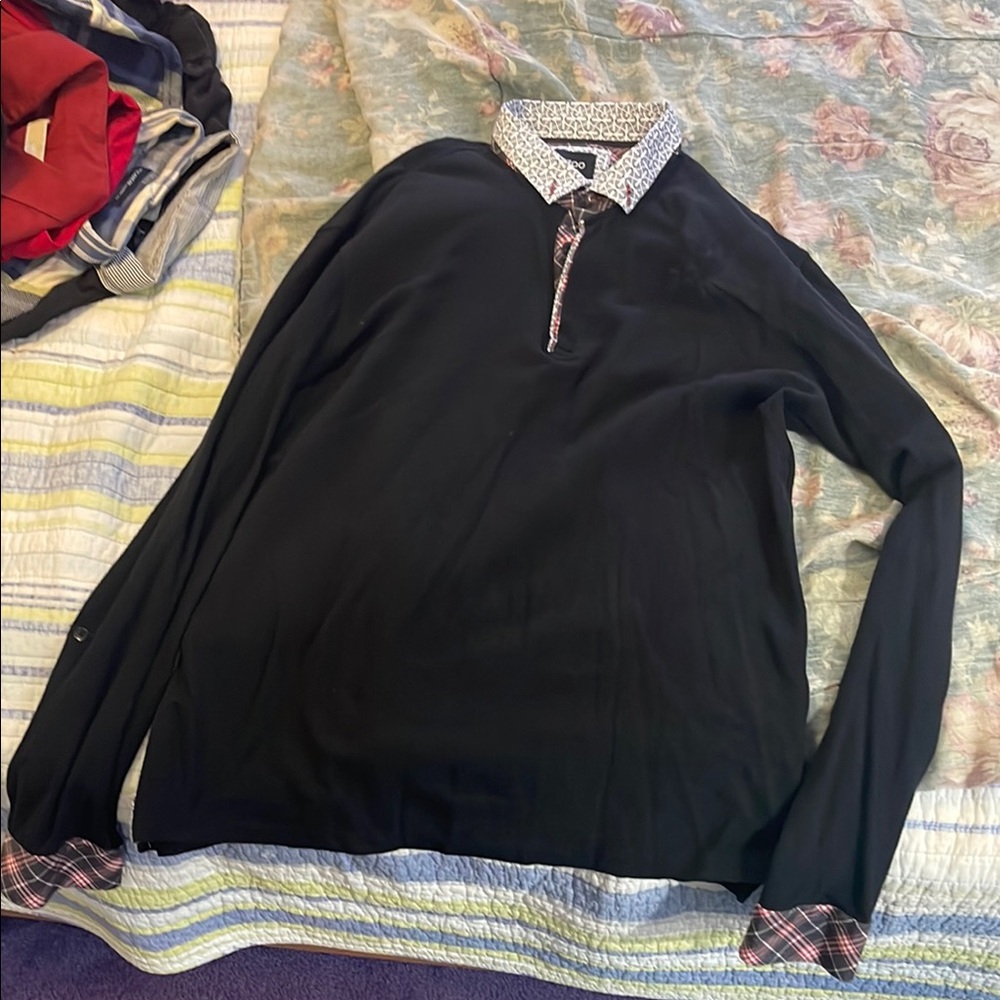 Designer Black Long Sleeve Polo with Patterned Collar